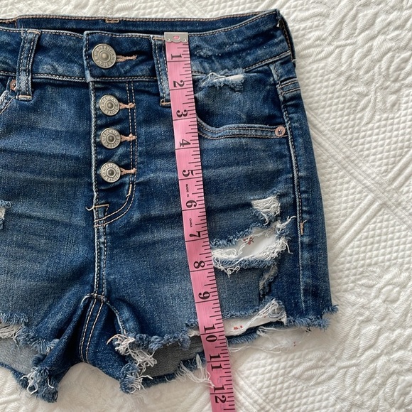 American Eagle Hi-Rise Shortie Shorts Floral Distressed Button Fly Dark Wash 0 - Picture 11 of 12